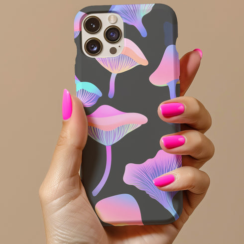 Aesthetic phone case featuring pastel neon mushrooms on a black background. The botanical-inspired design is available for iPhone, Samsung, and Google Pixel models. Glossy or matte finish options with durable, dual-layer protection.